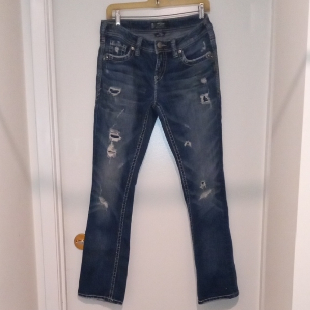 Blue Straight Leg Distressed Jeans